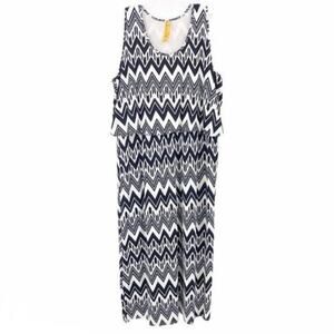 Magic Women's Maxi Dress 3X Chevron Stripe Navy Blue & White Sleeveless Blouson